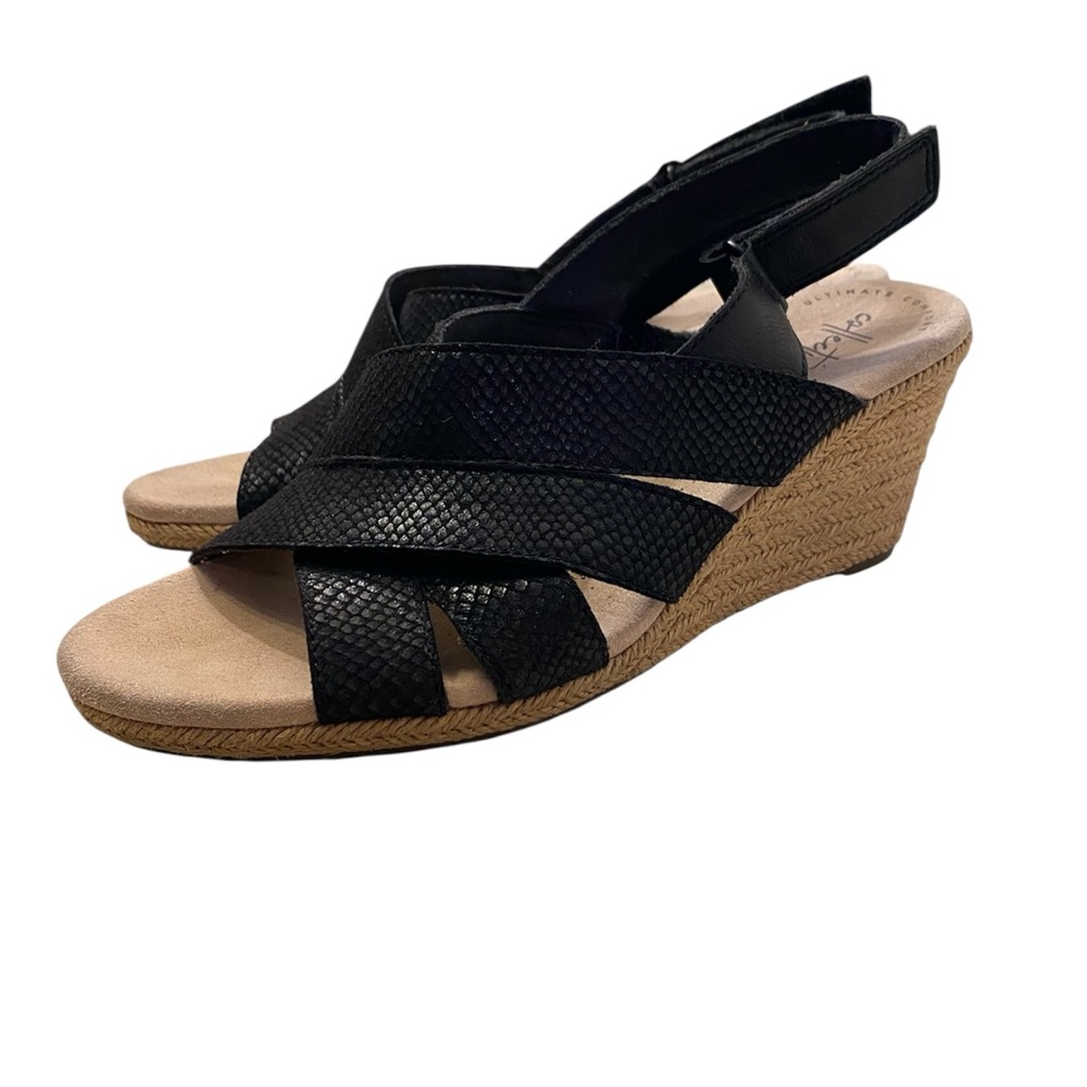 CLARKS COMFORT WEDGE SANDALS BLACK LEATHER ROPE HEEL WOMENS SIZE 9 ADJUSTABLE